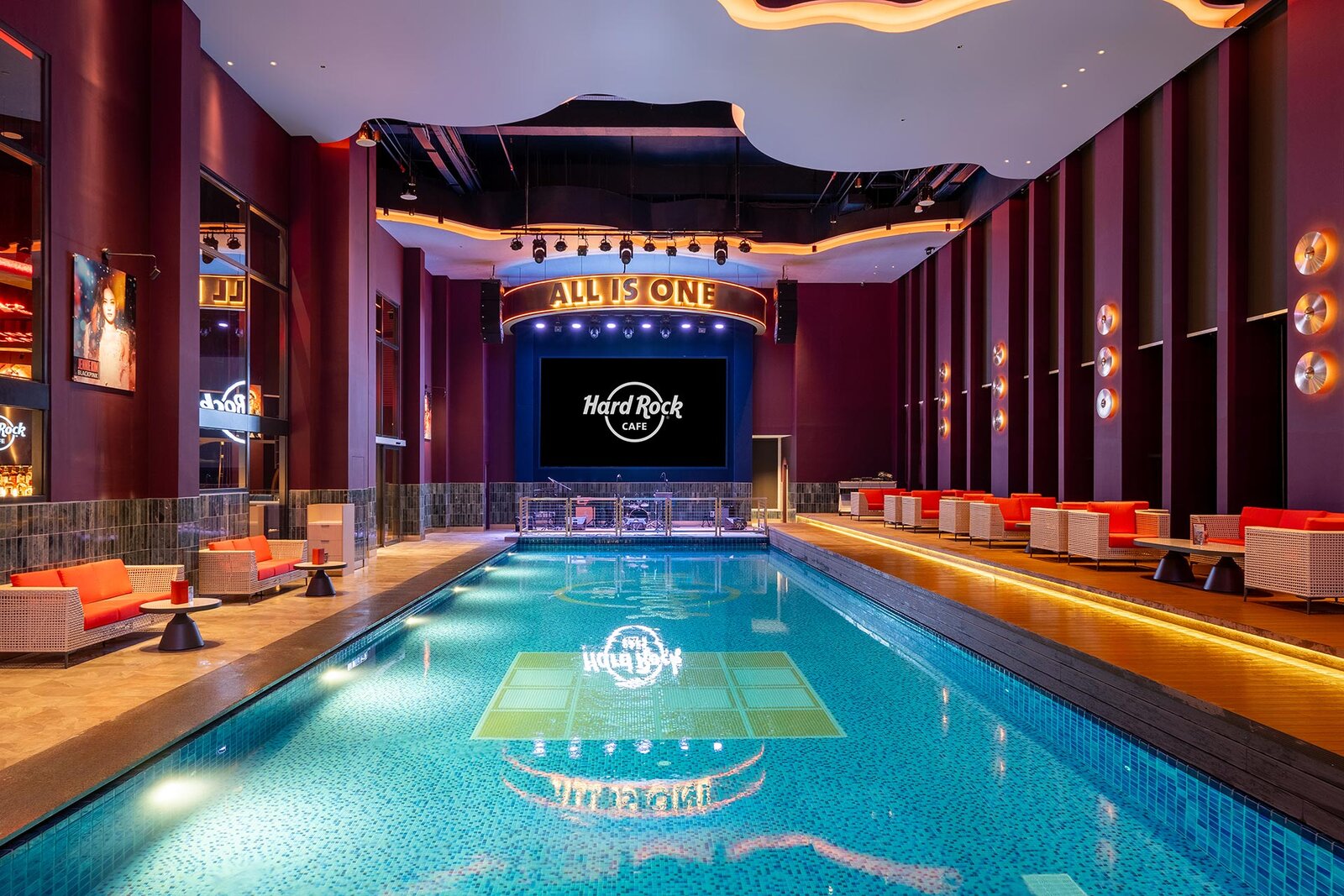 a swimming pool inside a building