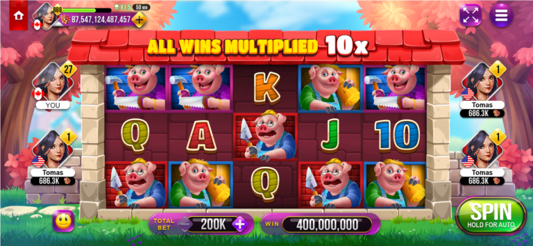 3 Lucky Pigs brick-themed Free Spins reels displaying an all-wins multiplier