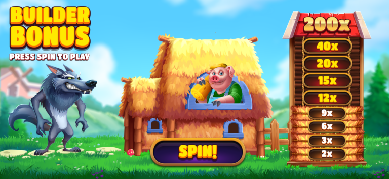 3 Lucky Pigs Builder Bonus screen with a wolf, straw house, multiplier tower, and Spin button