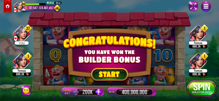 3 Lucky Pigs reels dimmed behind a message announcing the Builder Bonus