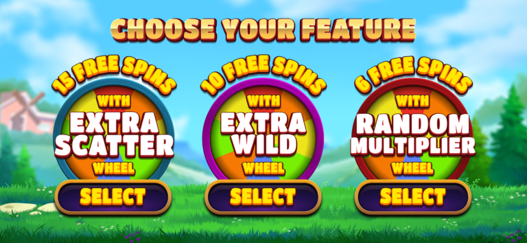 3 Lucky Pigs screen offering three Free Spins feature choices with Extra Scatter, Extra Wild, or Random Multiplier
