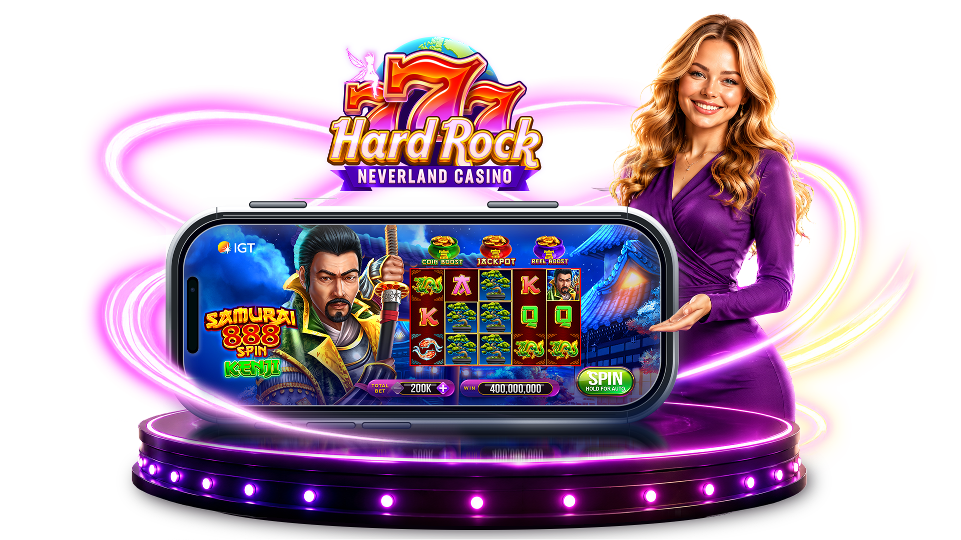 Hard Rock Neverland Casino mobile app with Samurai 888 Spin Kenji gameplay