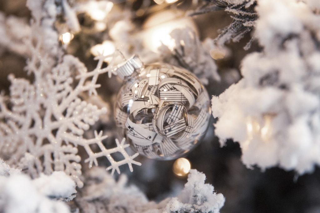Close up of christmas ornament filled with sheet music