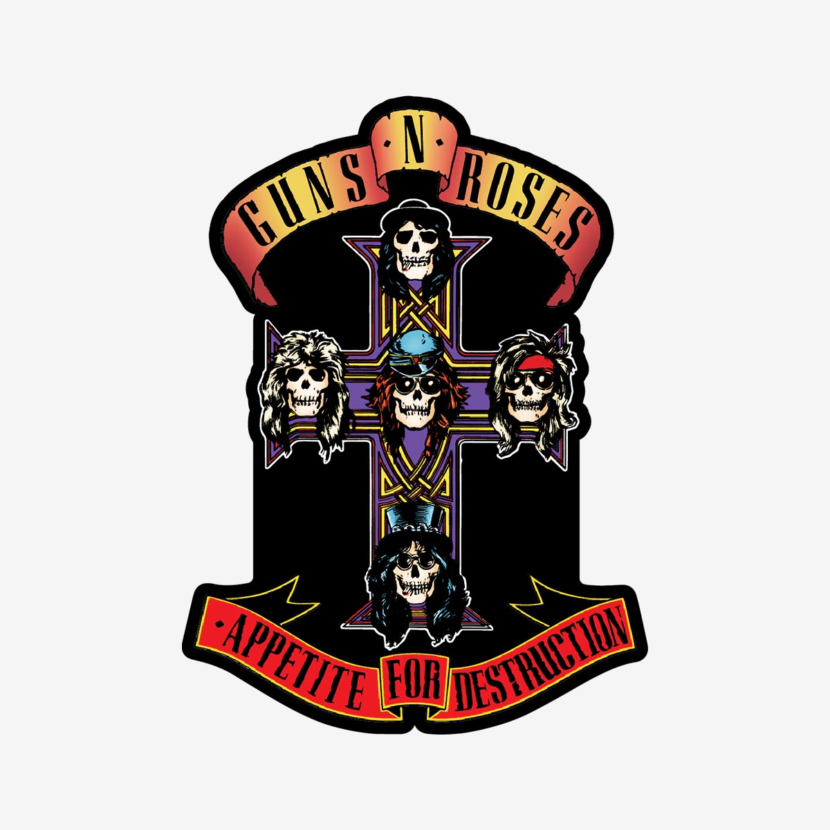 Guns N&rsquo; Roses Artist Series pin showing the Appetite for Destruction cross design with five skull faces, red banners, and black base shaping. image number 1