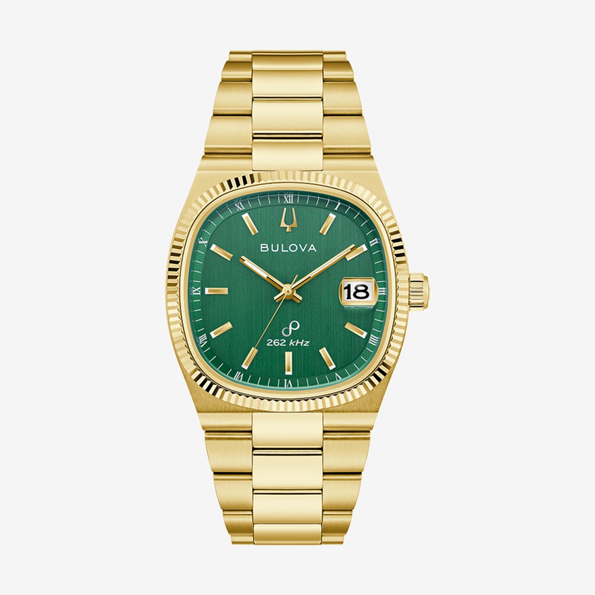 Bulova Super Seville gold-tone stainless steel watch with green dial, date window, integrated bracelet, and gold-tone hands and markers. image number 1