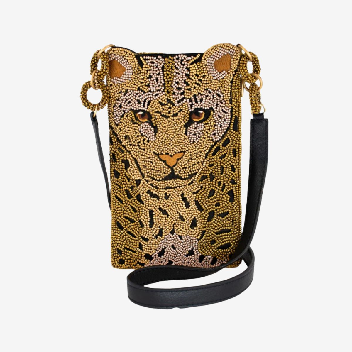 Mary Frances Gone Wild Leopard Phone Bag with a leopard face design, spotted detailing, leather crossbody strap, top compartment, and side zipper. image number 1