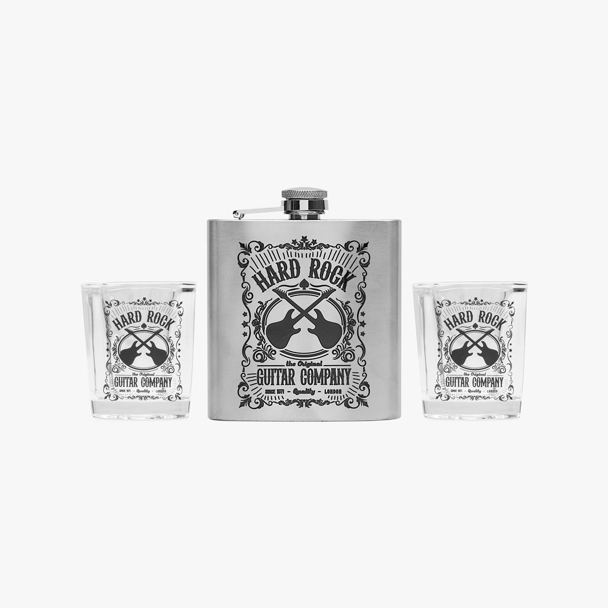 Hard Rock Guitar Company branded Flask with a pair of Whisky Glass with same branded design.  image number 1